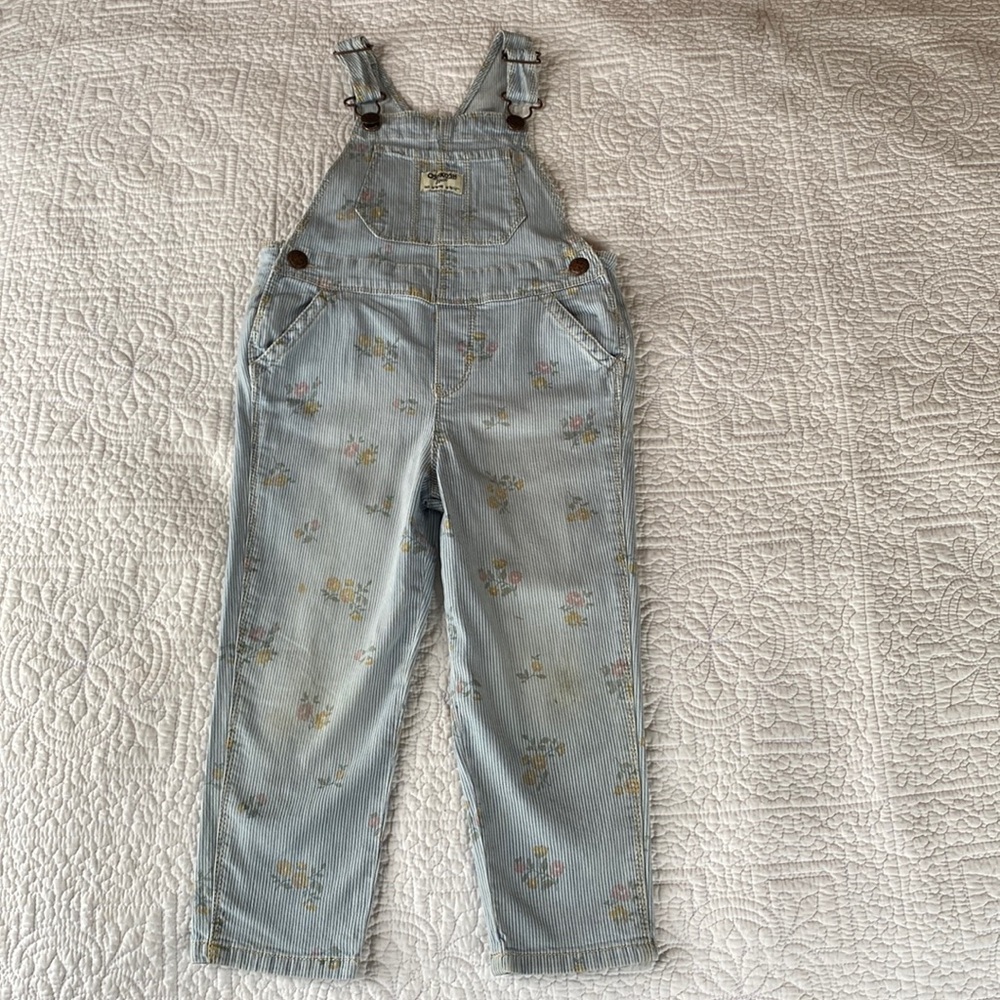 Osh Kosh B’Gosh Overalls, Blue with Stripe & Floral Pattern, Size 3T